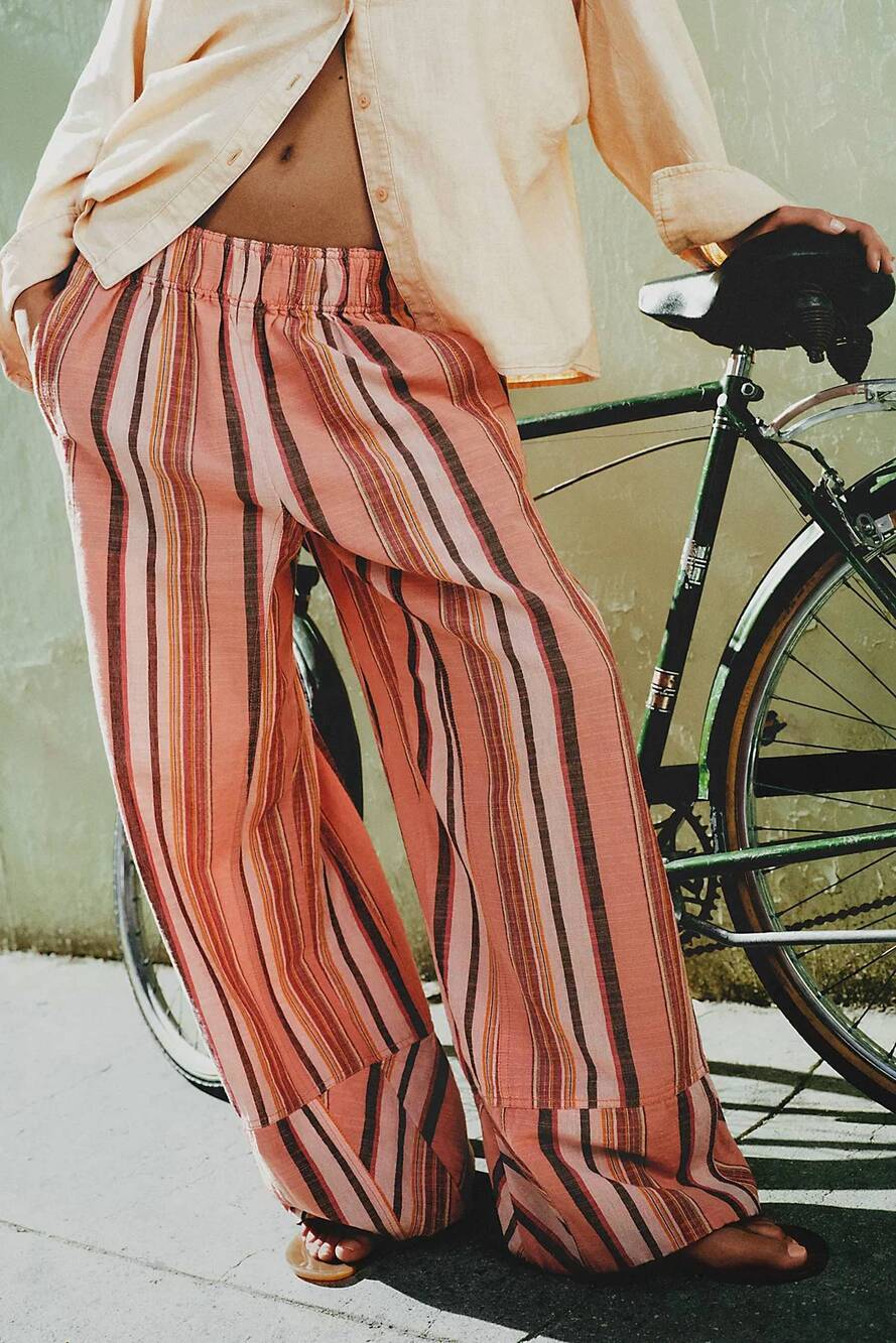 NEW FREE PEOPLE day's end linen striped pull-on pant in soft coral